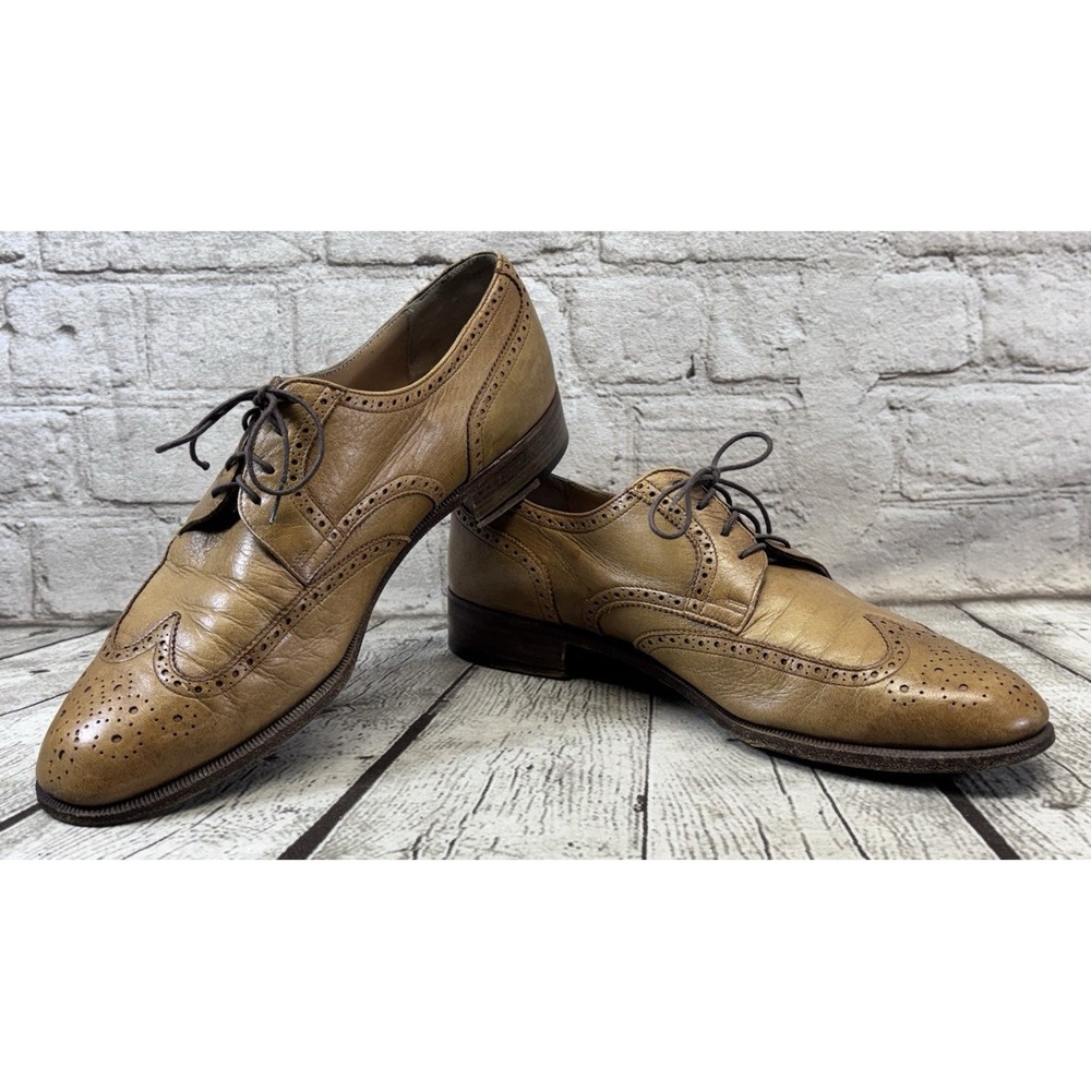Salvatore Ferragamo Men's Tan Leather Wingtip Oxford Brogue‎ Shoes 8.5D Italy